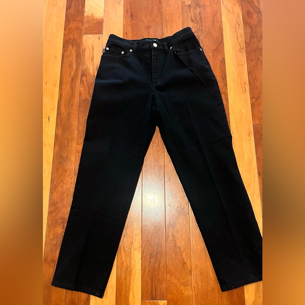 Lauren Jeans Co Ralph Lauren Black Jeans Women Size 10Petite Leather Logo Zip Fl